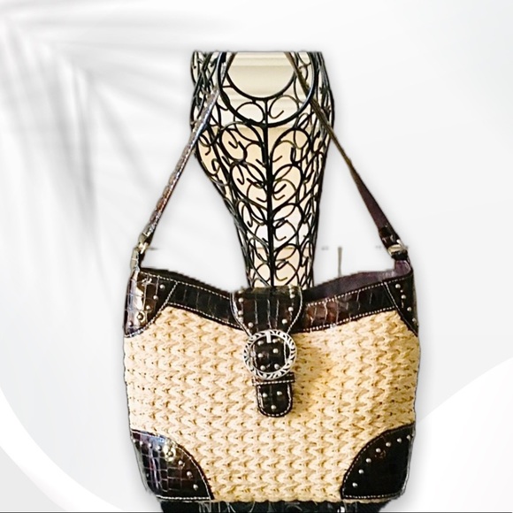 Brighton Straw & Croc Embossed Studded Bag - Picture 5 of 15